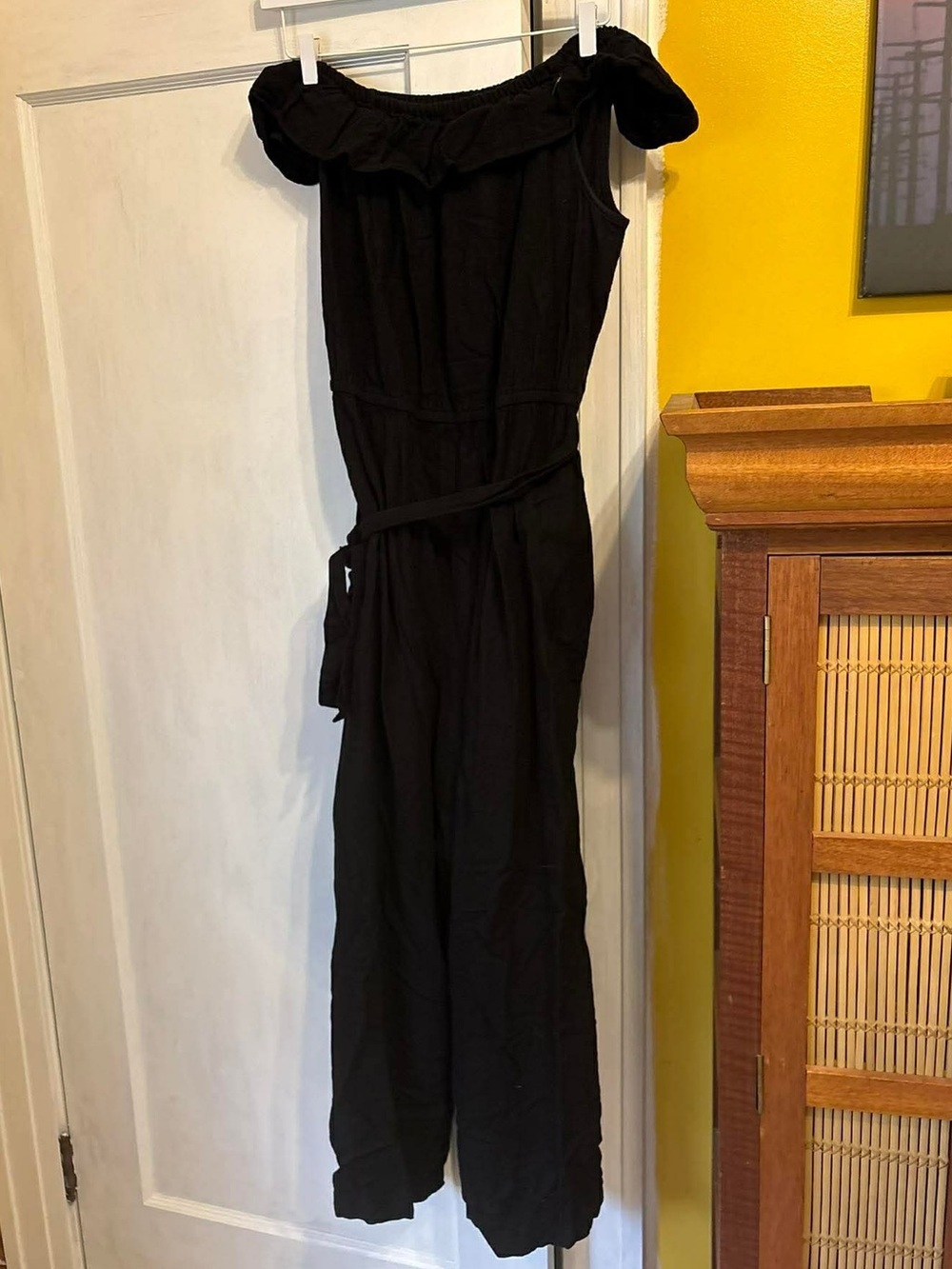 Off-Shoulder Black Jumpsuit with Waist Tie